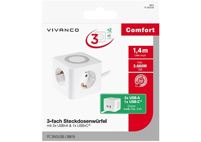 Vivanco Steckdosenwürfel PC 3W3USB Weiss